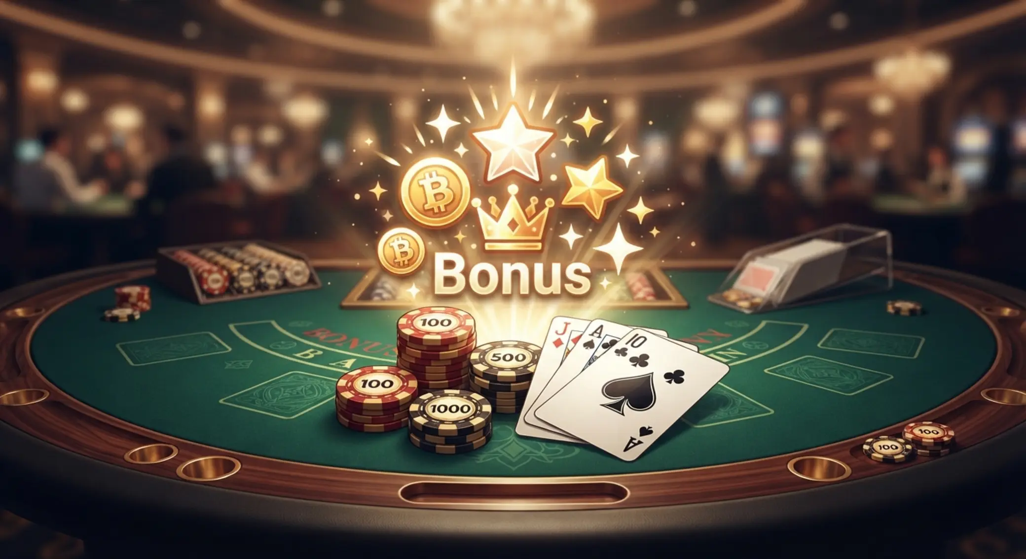 Blackjack témájú bónuszillusztráció zsetonokkal és kártyákkal