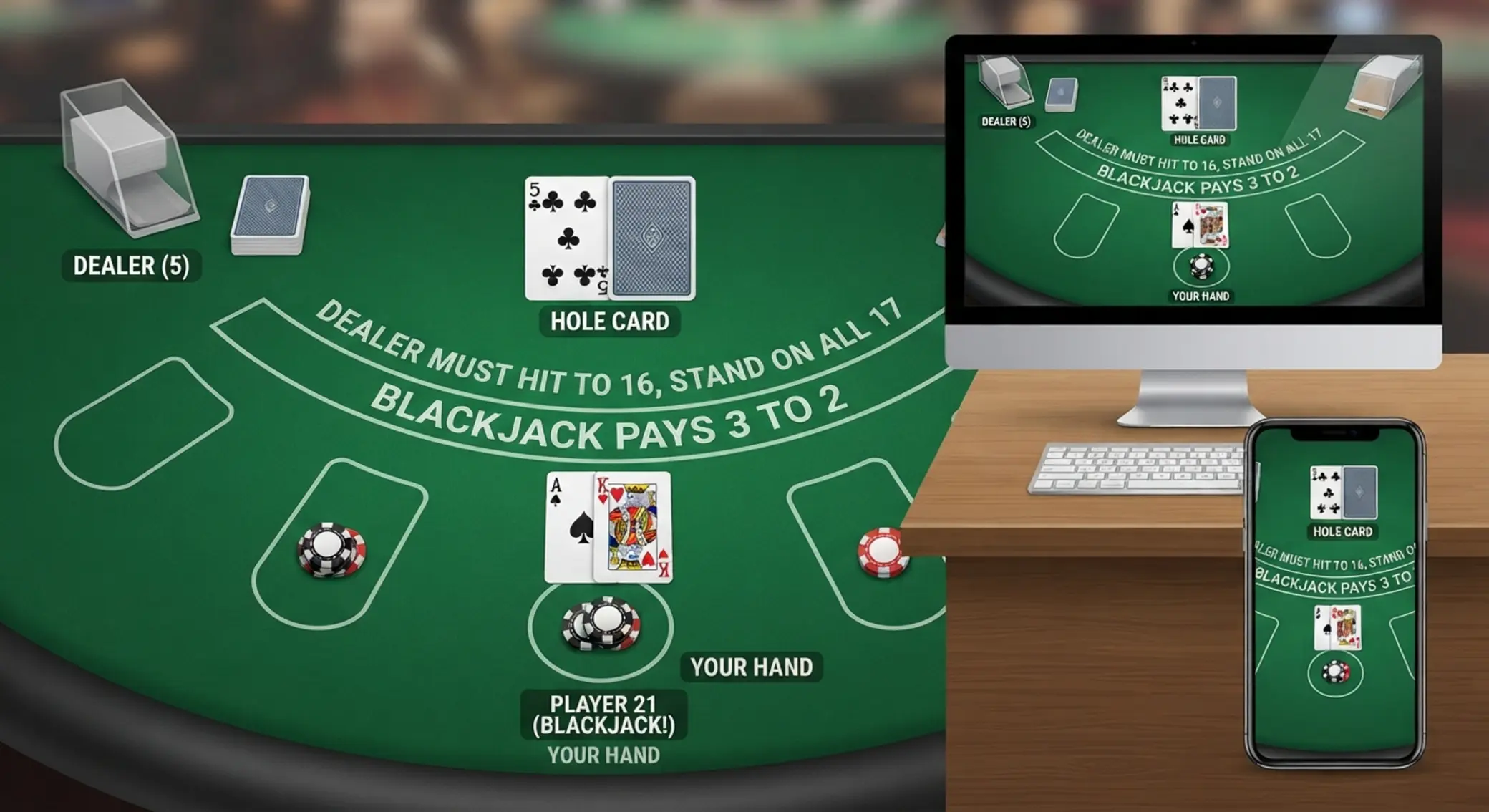 Blackjack asztal 21-es kombinációval asztali és mobil nézetben