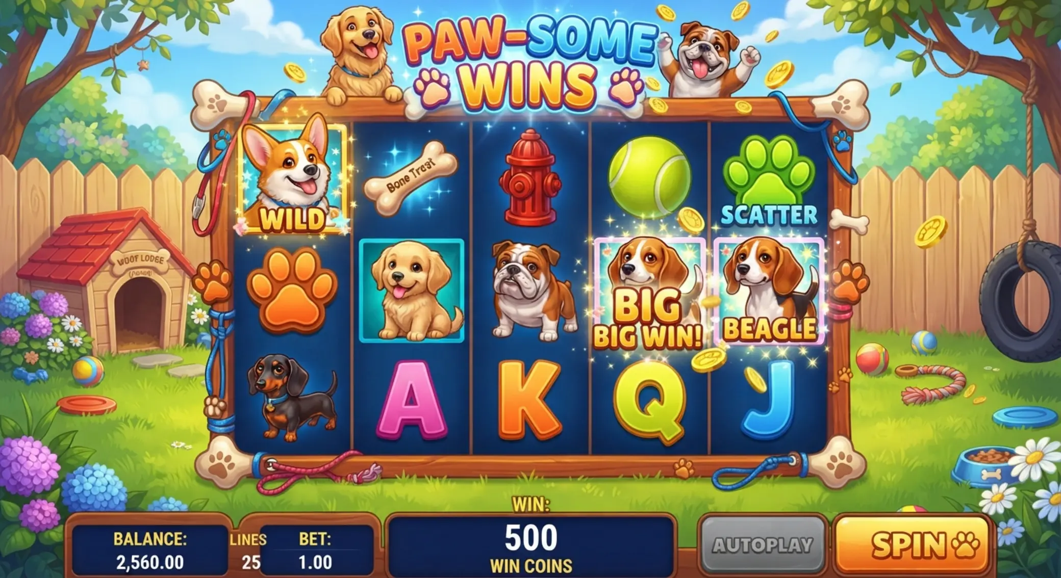 Dog House slot grafika és hangulat A Dog House slot látványvilága kutyás kerttel és öt tárcsával