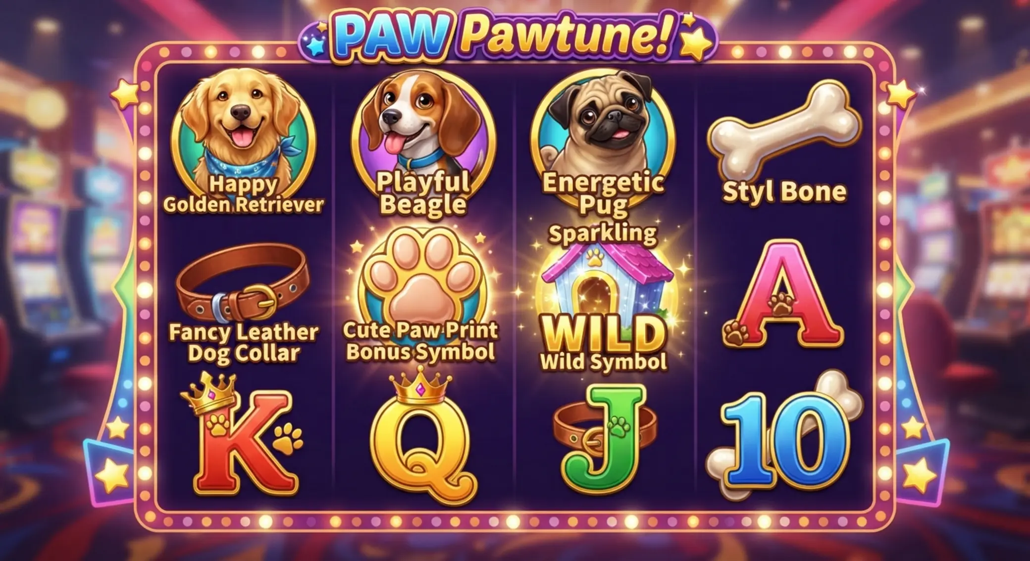 Dog House slot szimbólumok Dog House szimbólumok kutyákkal, csonttal és kártyaikonokkal