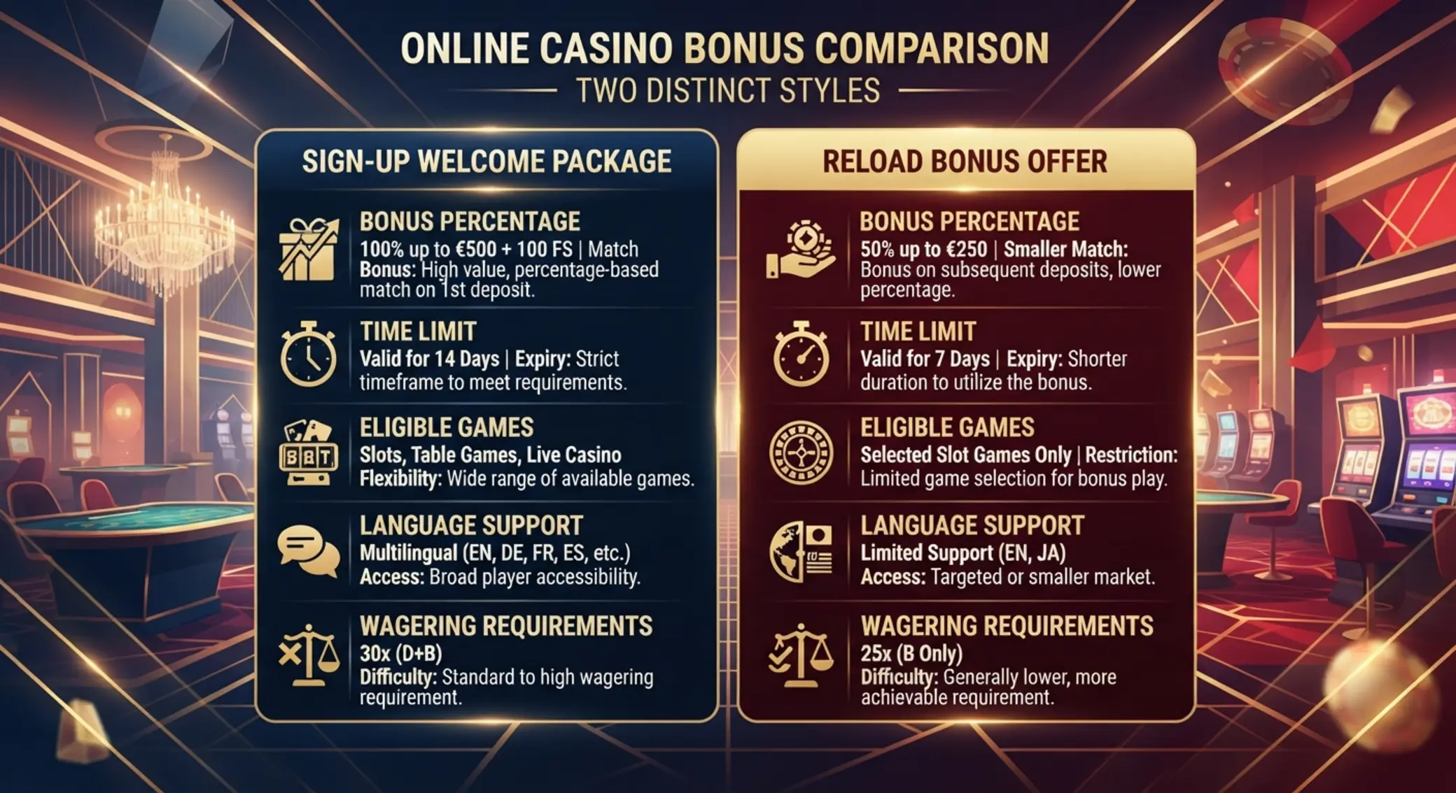 GG Bet és Vegas bónusz fő szempontjai Kaszinó bónusz szempontok infografika két oszlopban