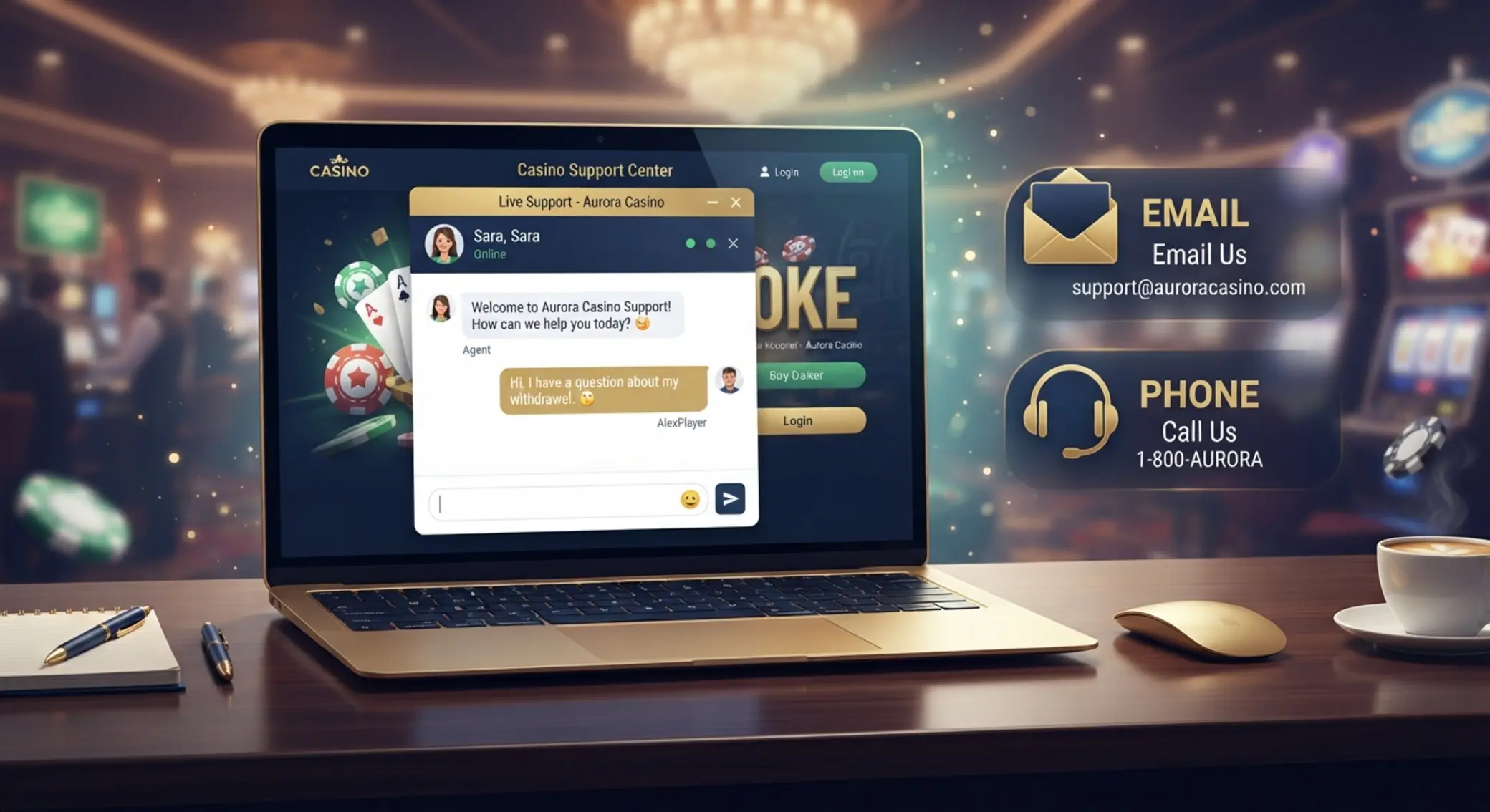 Online kaszinó kapcsolati csatornák Online kaszinó kapcsolati csatornák laptopon, chat, email és telefon ikonokkal