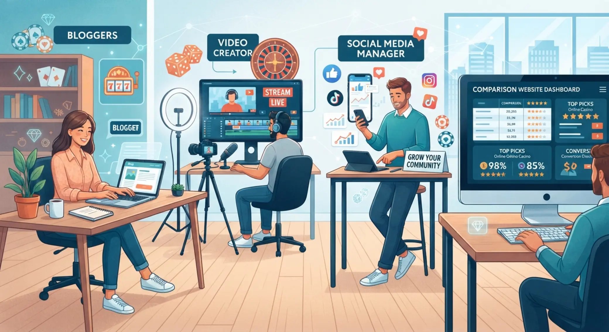 Különböző online affiliate partnerek illusztrációja