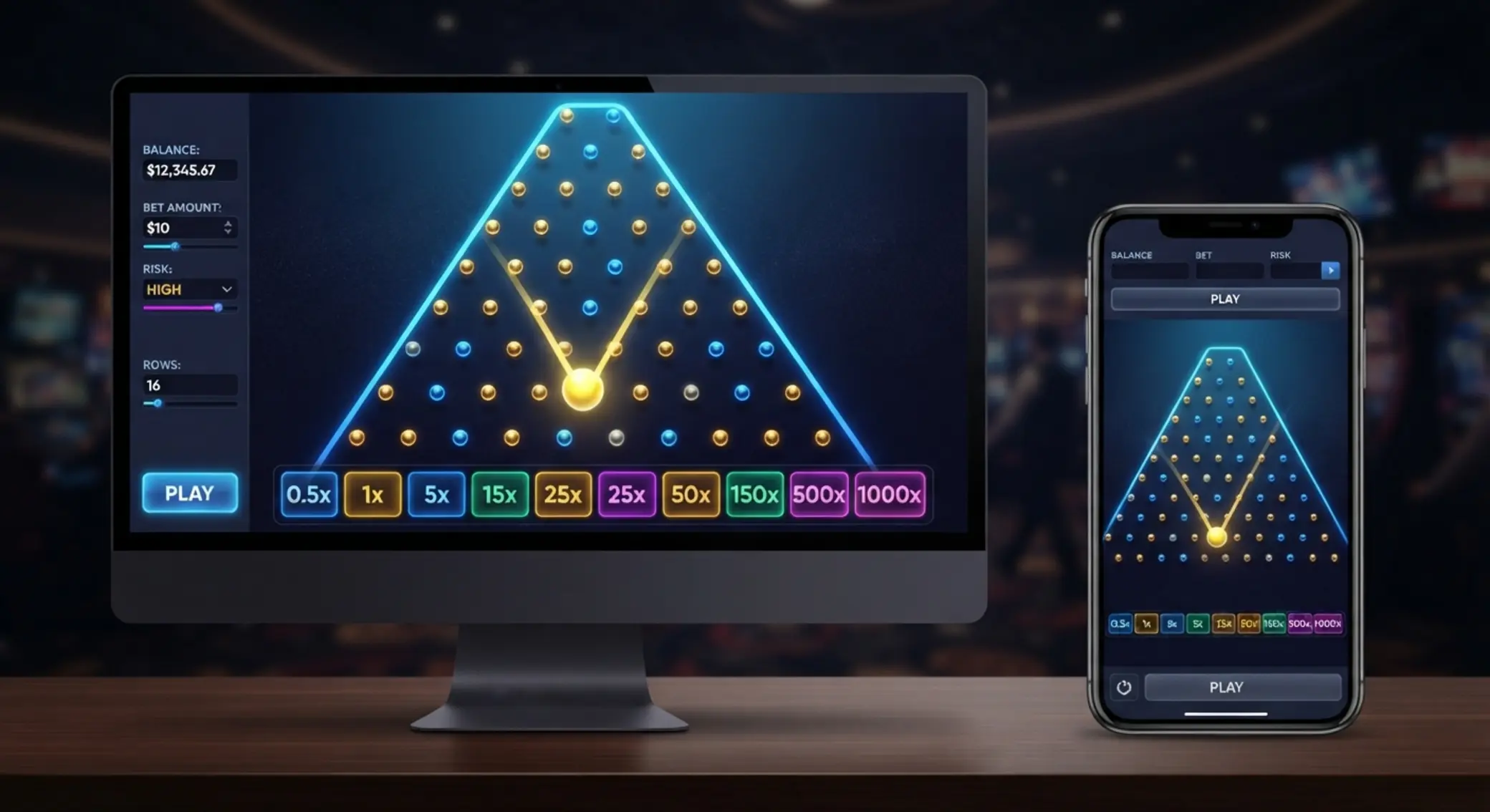 Plinko Strike felület asztali és mobil nézetben