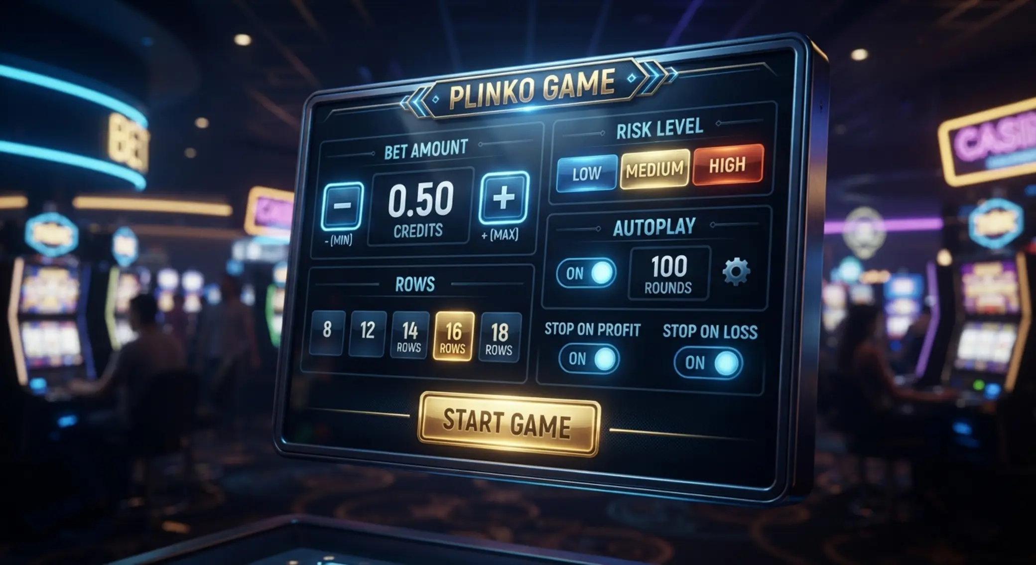 Plinko Strike beállítási panel Plinko Strike tétbeállítások és kockázati opciók