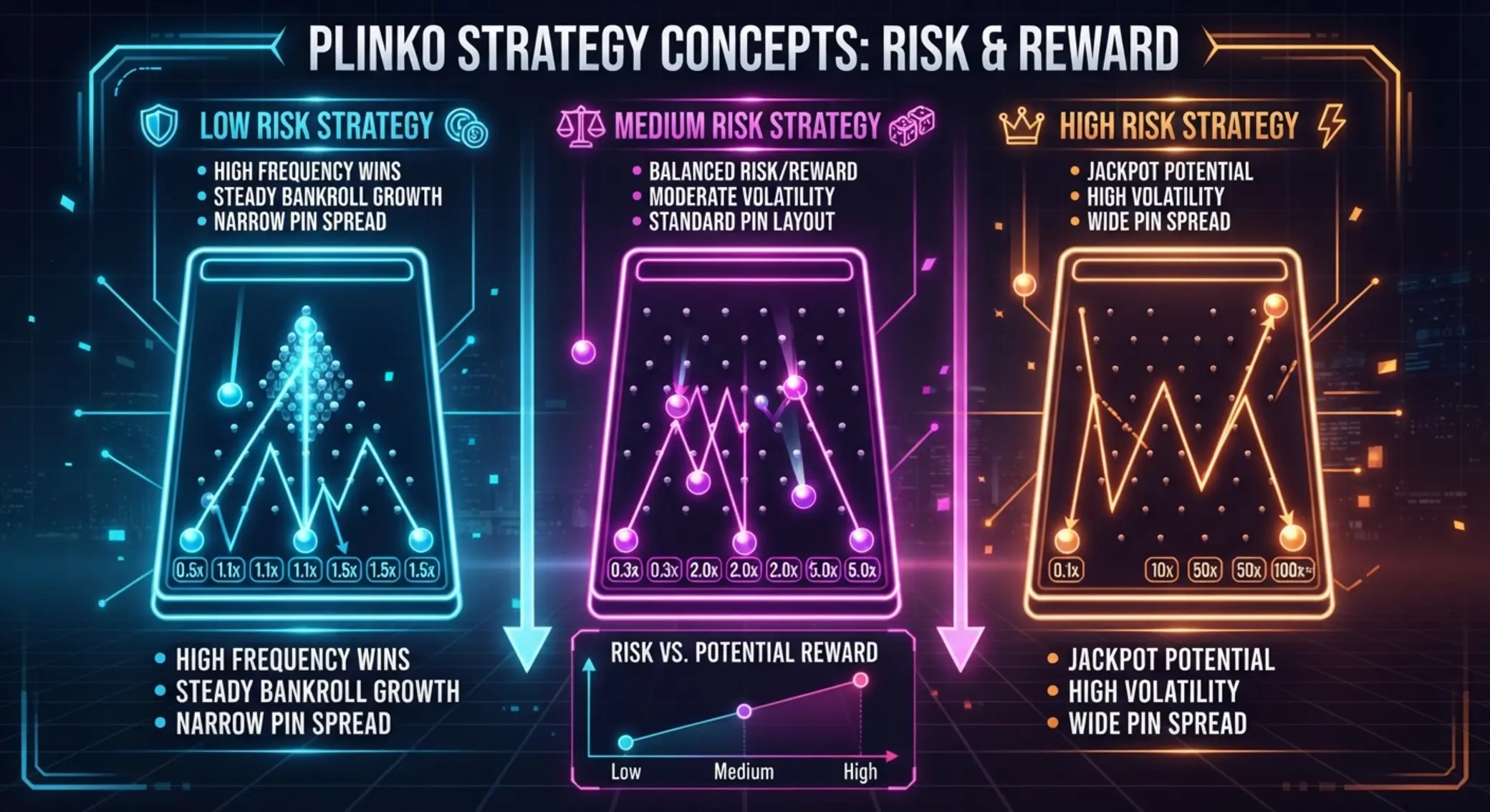 Plinko Strike stratégiai megközelítések Plinko Strike stratégiák és kockázati szintek illusztrációja