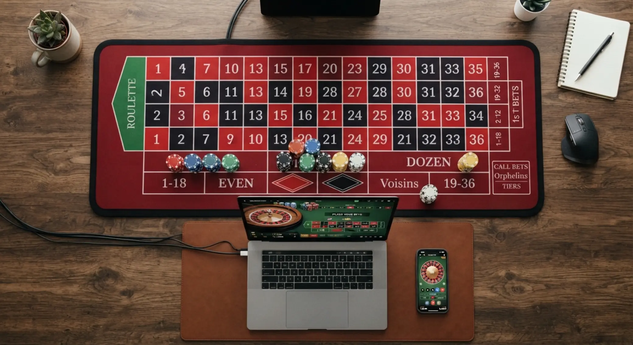 Online rulett felület zsetonokkal és kijelzőkkel