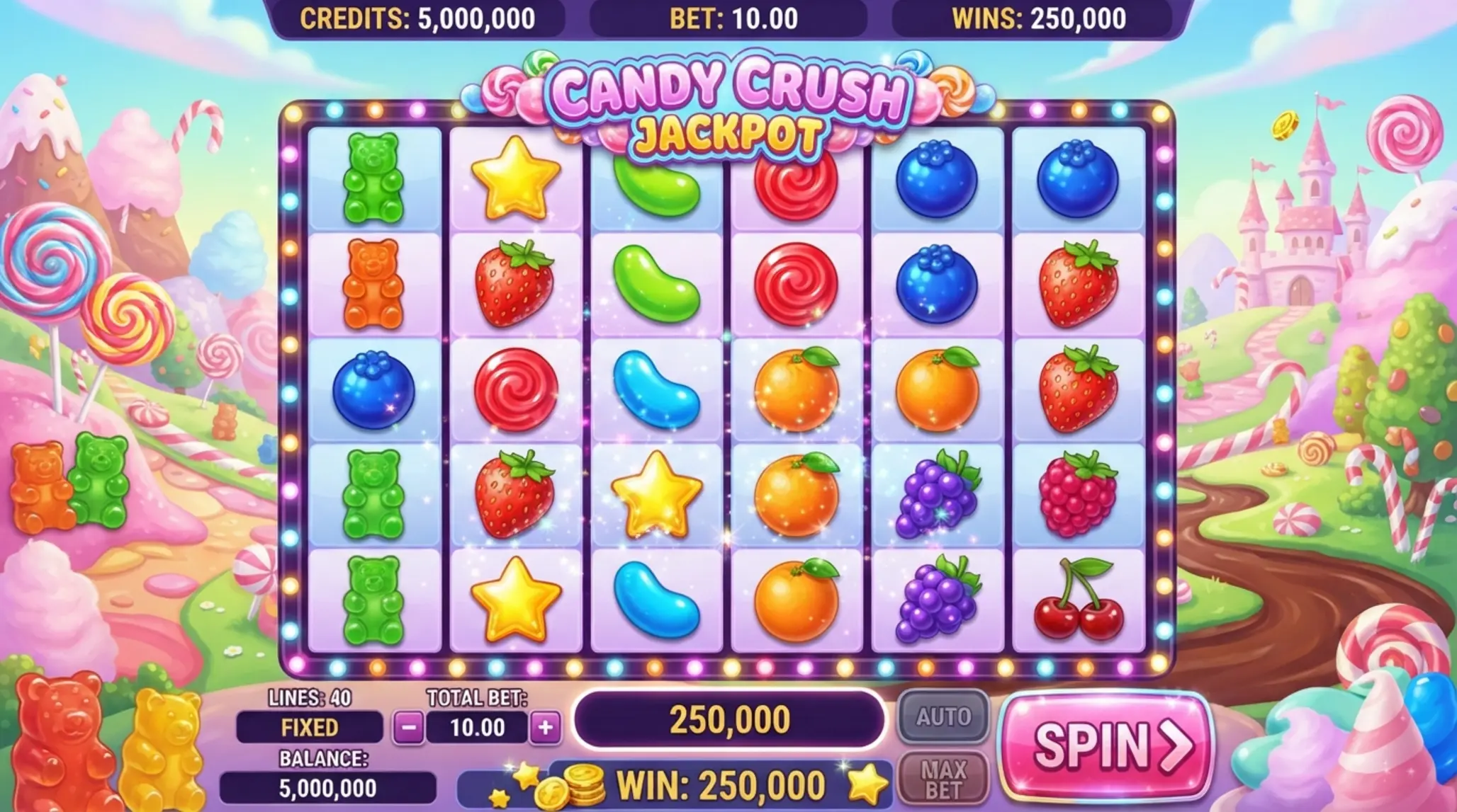 Sweet Bonanza 1000 stílusú slot képernyő Sweet Bonanza 1000 stílusú 6x5 slot rács cukorkákkal és gyümölcsökkel