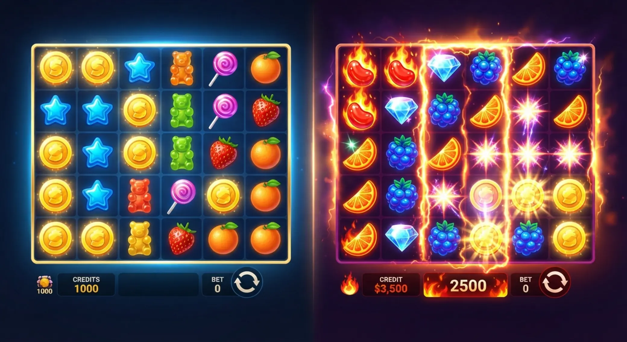 Sweet Bonanza 1000 vs 2500 illusztráció Sweet Bonanza 1000 és 2500 stílusú összehasonlító illusztráció